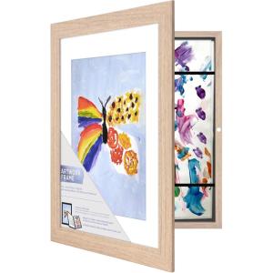 imageMCS Kids Artwork Frame Changeable Magnetic Picture Frame with Storage for Childrens Art 12 x 16 Inch with 9 x 12 Inch Mat BlackNatural Woodgrain